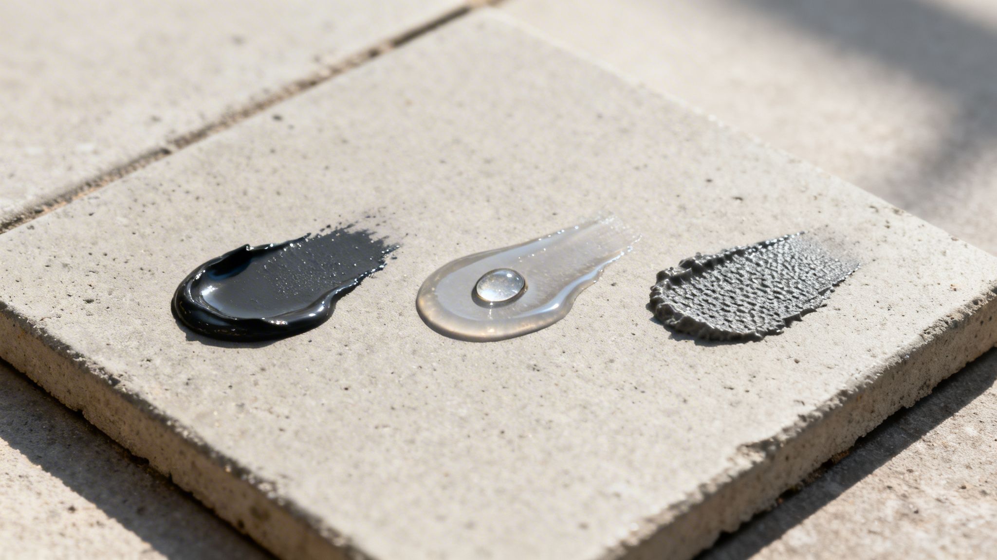 Three cosmetic product swatches: a dark grey smooth mask, a clear gel with a water droplet, and a textured grey scrub, on a stone surface.