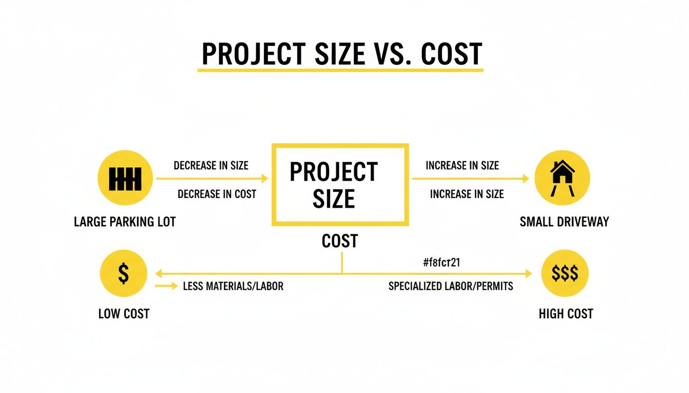 A diagram illustrates how project size influences cost, comparing large parking lots and small driveways, and factors like labor and materials.