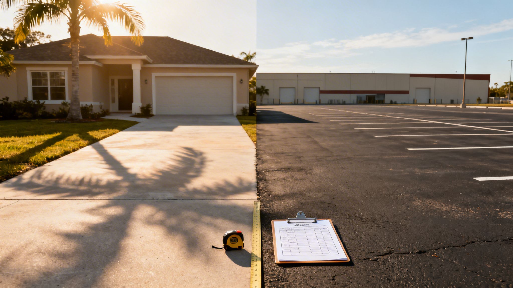 Split image of a house driveway and an empty parking lot, with a measuring tape and clipboard.