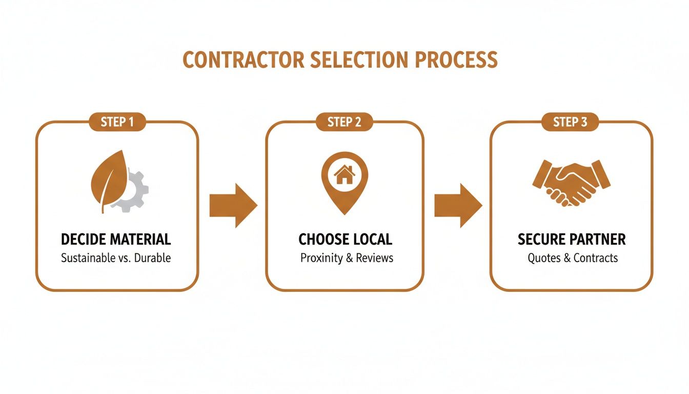 Infographic illustrating a three-step contractor selection process covering material choice, local contractor selection, and partner securement.