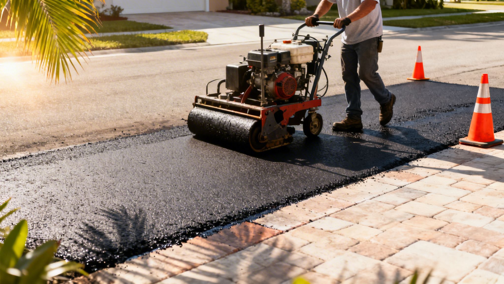 Worker paving a driveway with asphalt using a roller, next to brick pavers and traffic cones.