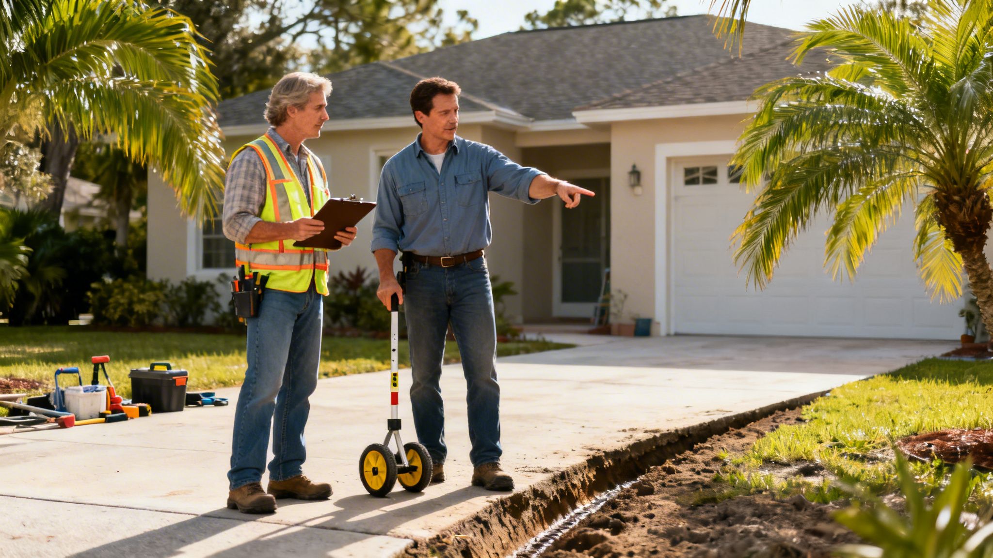 Two construction workers discuss a driveway paving project, one pointing and the other holding a clipboard.