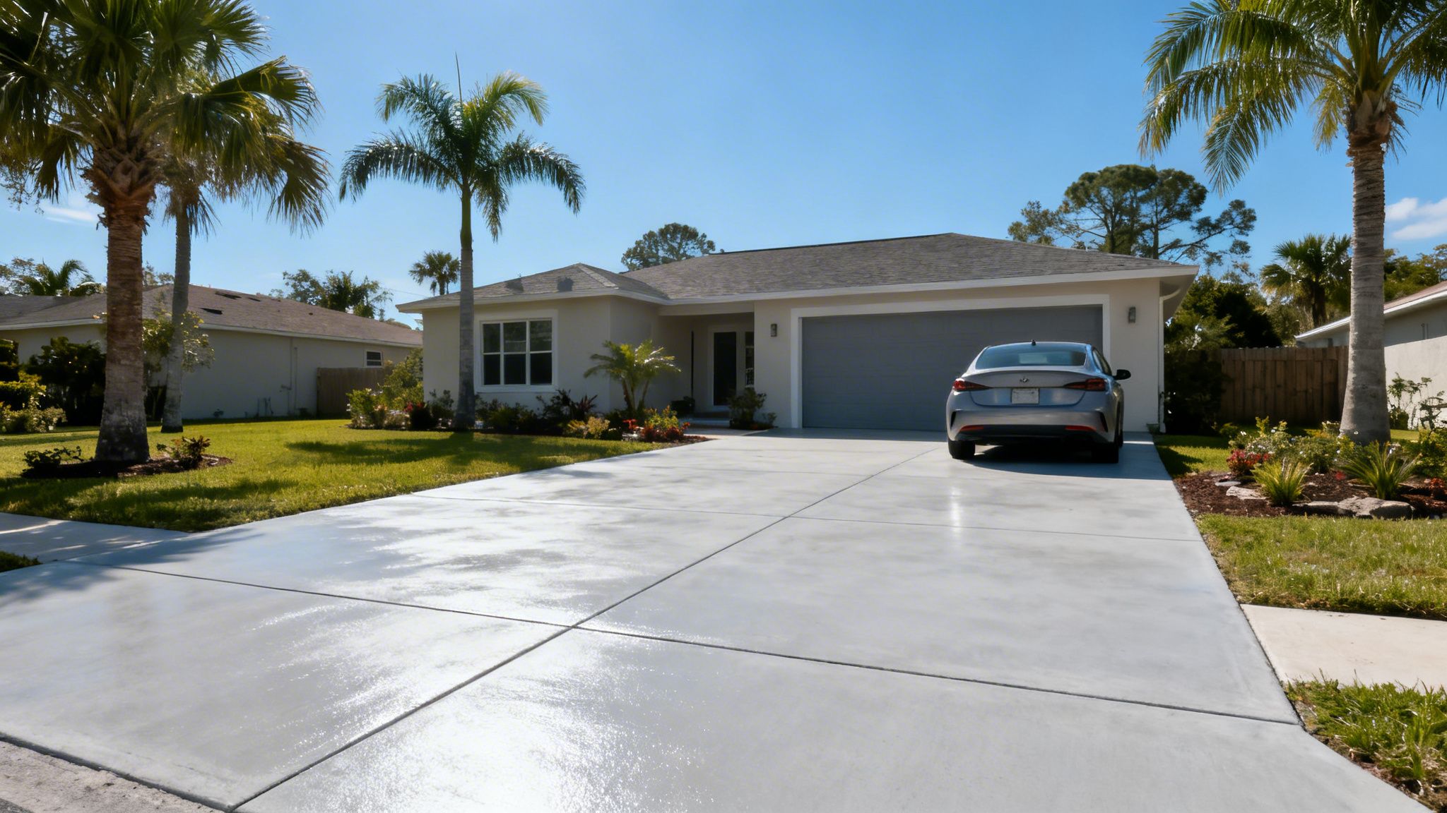A modern single-story house with a spacious concrete driveway, a car, green lawn, and palm trees.