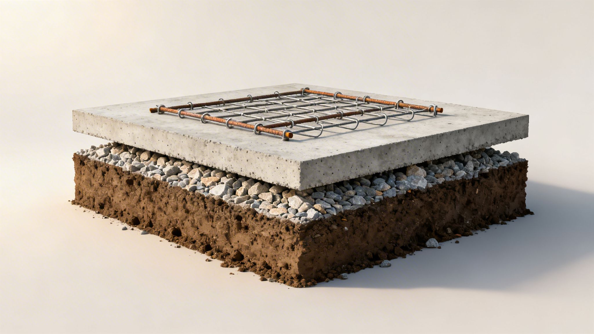 Cross-section of reinforced concrete slab showing rebar, gravel base, and soil layers for construction.