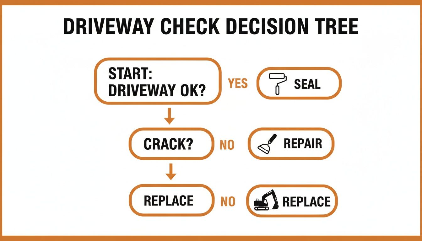 Decision tree flowchart for driveway check, guiding on when to seal, repair, or replace.