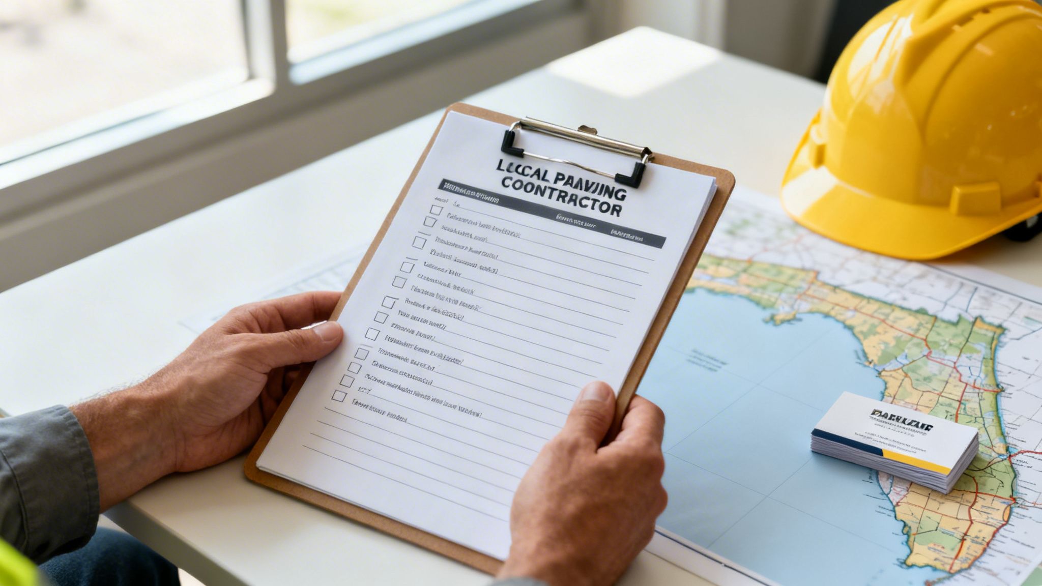 Person holds a paving contractor checklist on a clipboard, with a map, hard hat, and business cards on a table.
