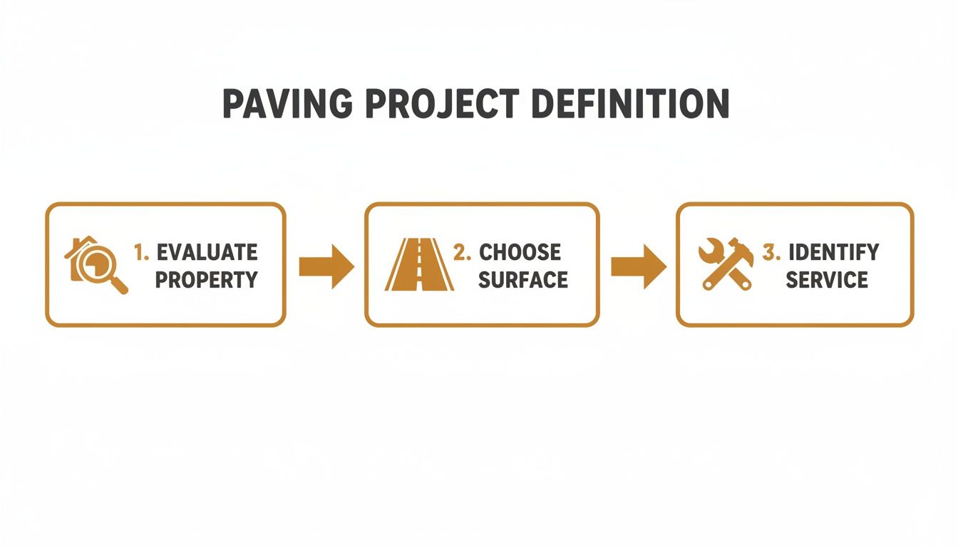 A diagram illustrating the three steps of a paving project definition: evaluate property, choose surface, and identify service.
