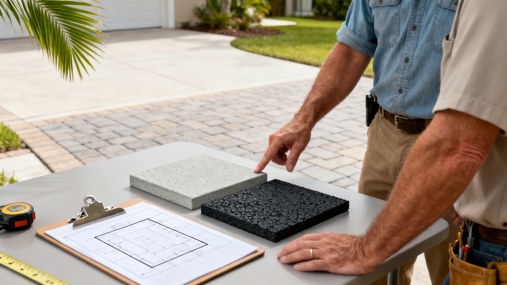 Contractors review paving material samples and blueprints on a table for a construction project.