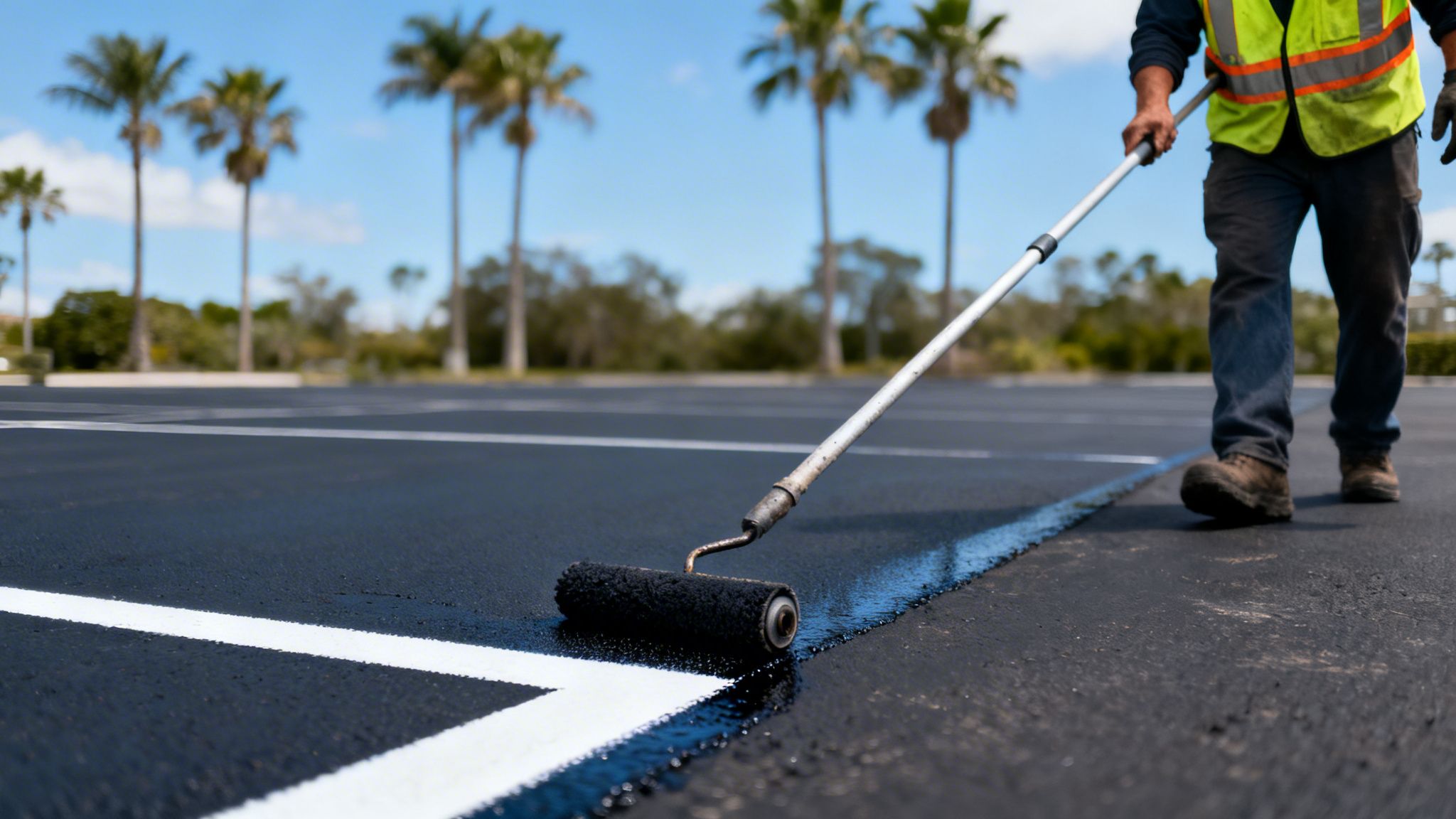 Worker in a safety vest using a roller to apply sealcoat on a dark parking lot.