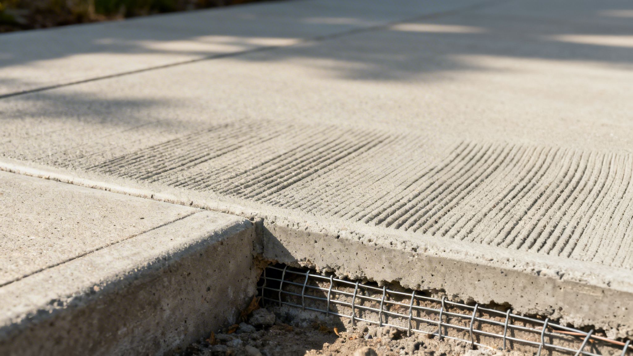 A close-up of a newly installed concrete sidewalk section, showing surface grooves and wire mesh reinforcement.