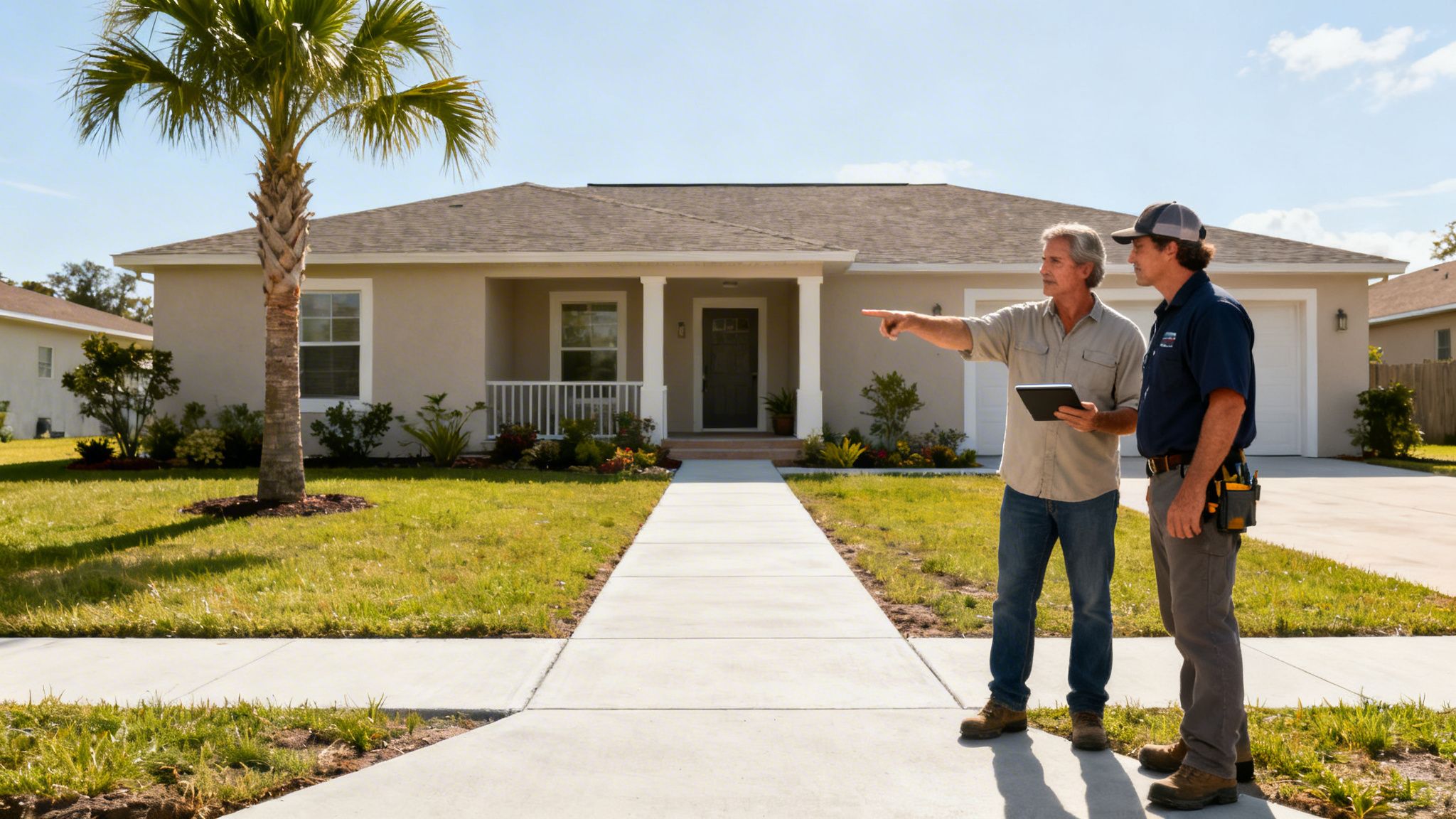 Two men, one holding a tablet, discussing a project in front of a suburban home.