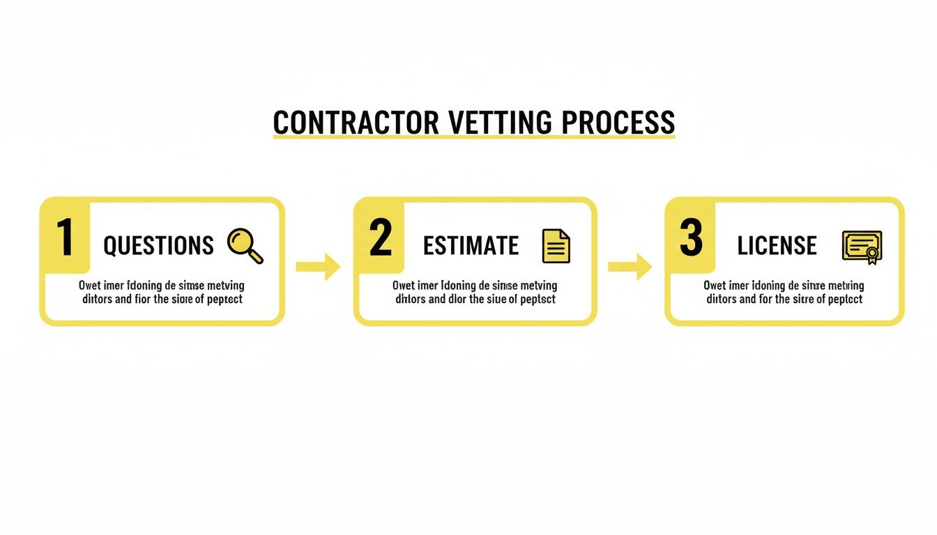 A clear diagram illustrating a 3-step contractor vetting process including questions, estimate, and license.