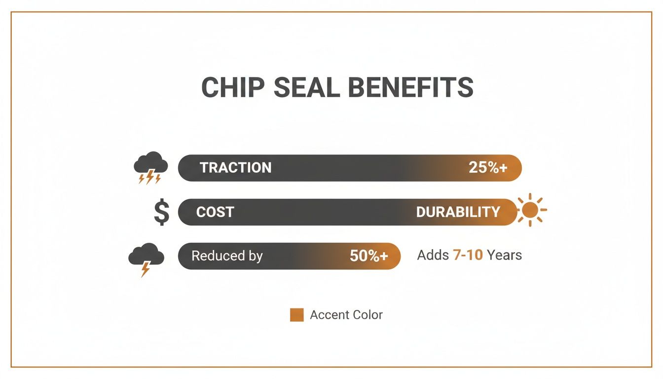 Infographic shows chip seal benefits: 25%+ traction, 50%+ cost reduction, and 7-10 years added durability.