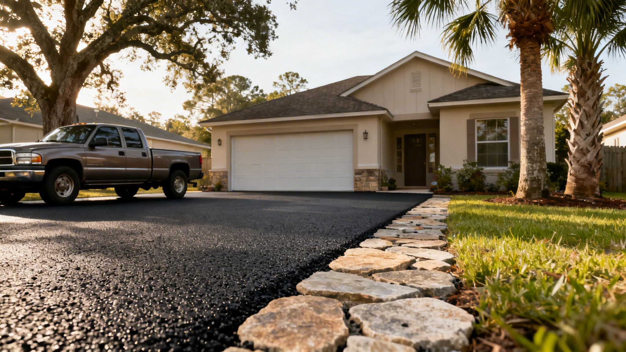A modern house with a newly paved black driveway, a stone path, and a pickup truck parked.