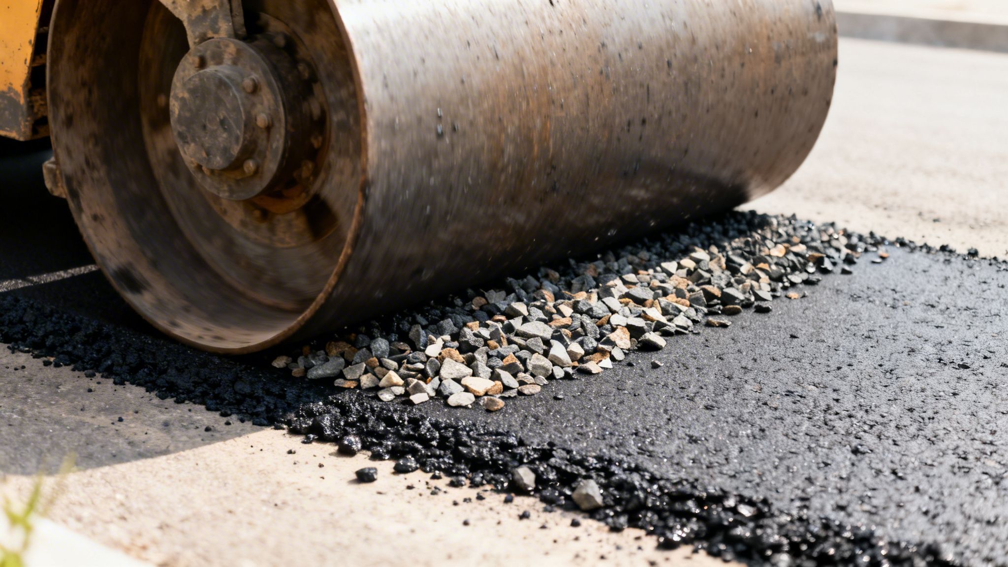 A large road roller compacts fresh black asphalt and loose gravel during road construction.