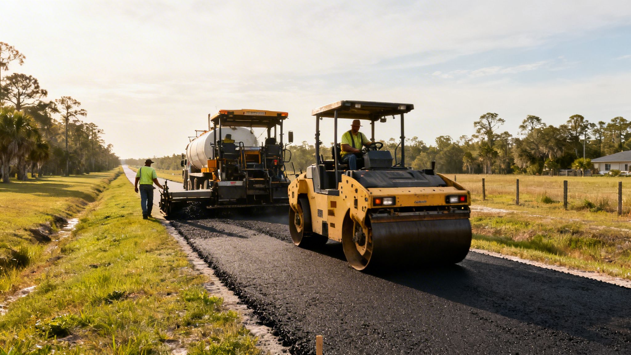 Road construction workers lay new asphalt pavement using an asphalt paver and road roller.