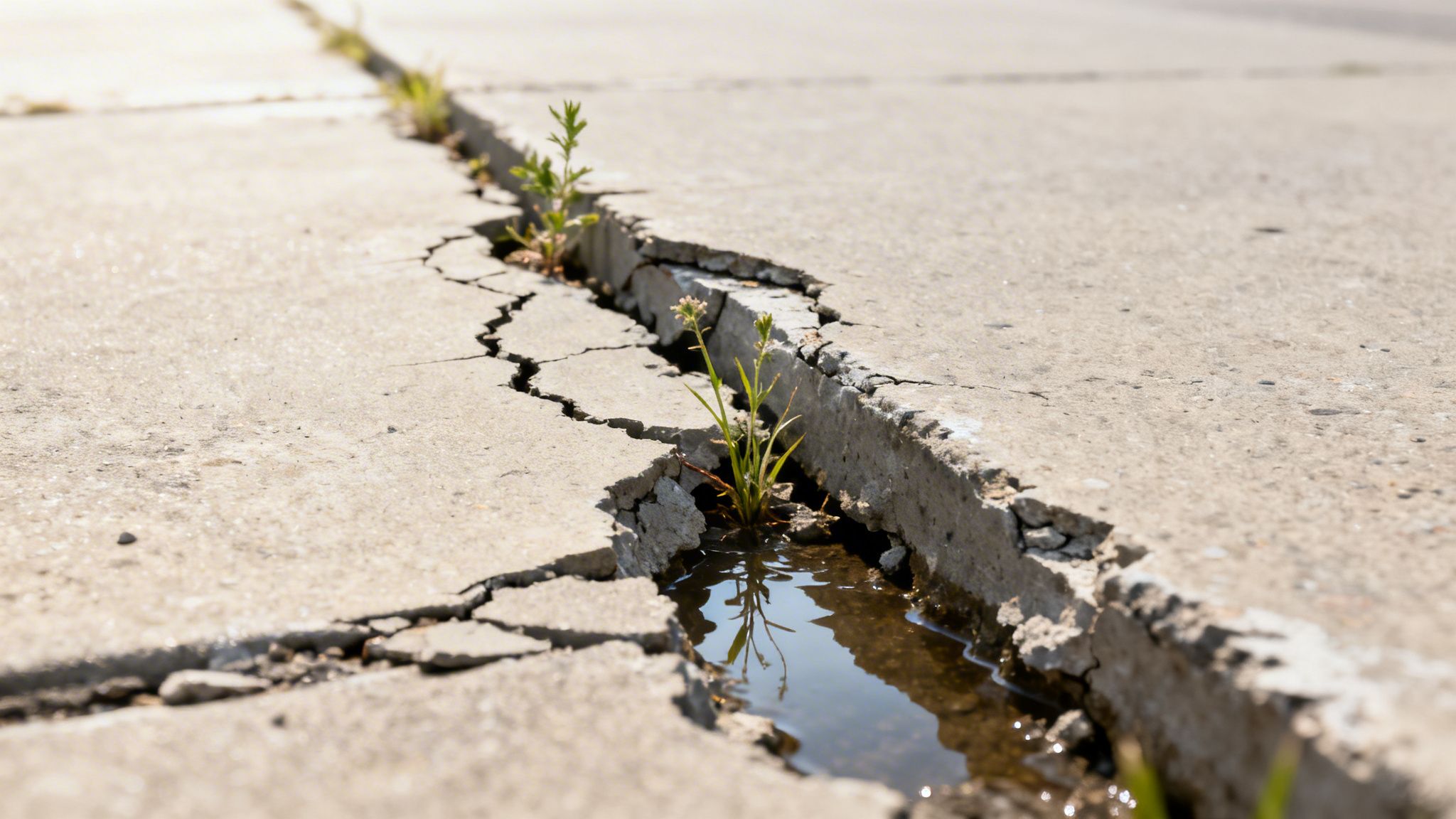 Small plants growing through a cracked concrete path with a puddle of water reflecting the plants.