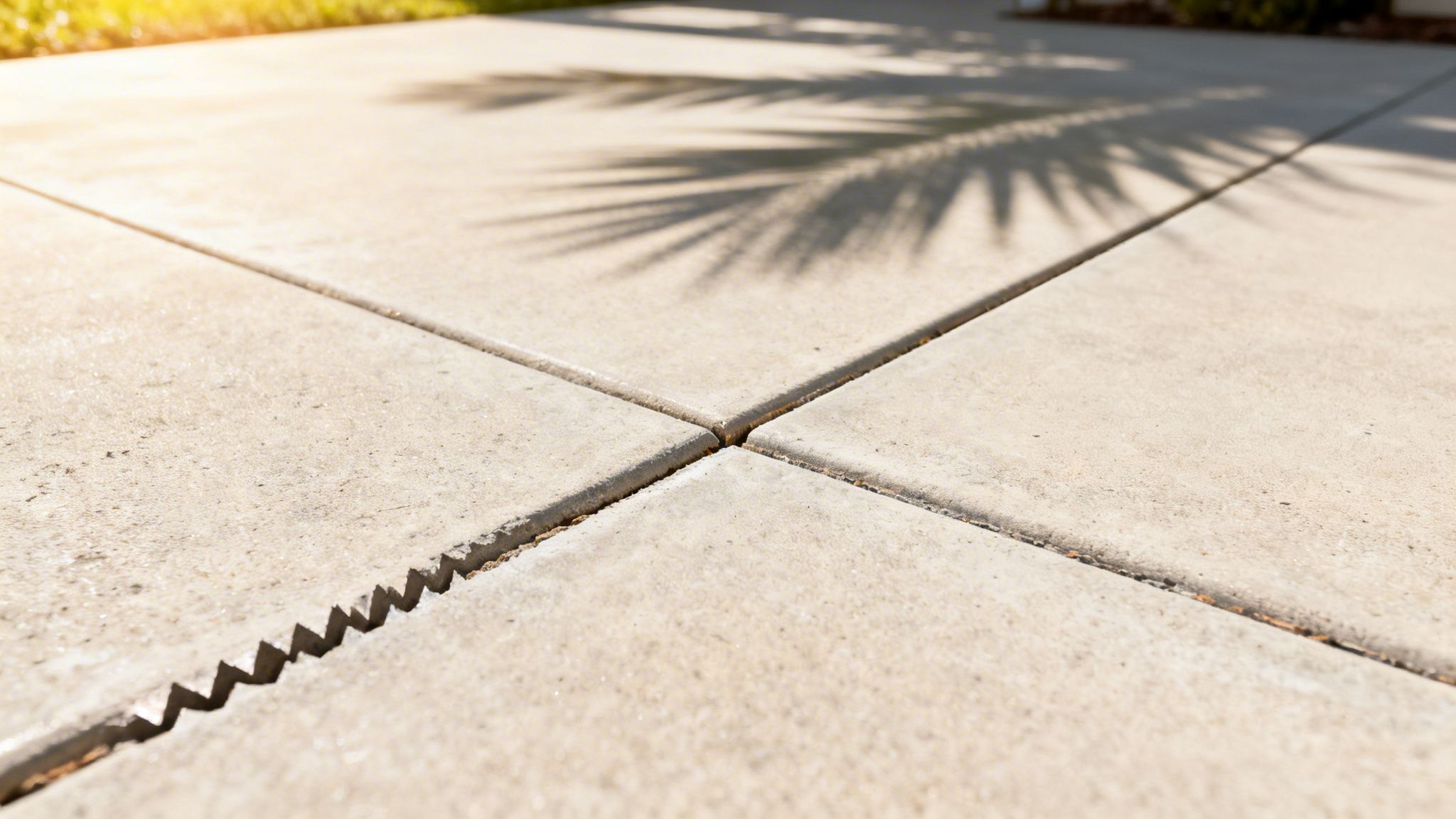 Concrete slabs with visible expansion joints, one featuring a unique zig-zag filler, under palm leaf shadows.