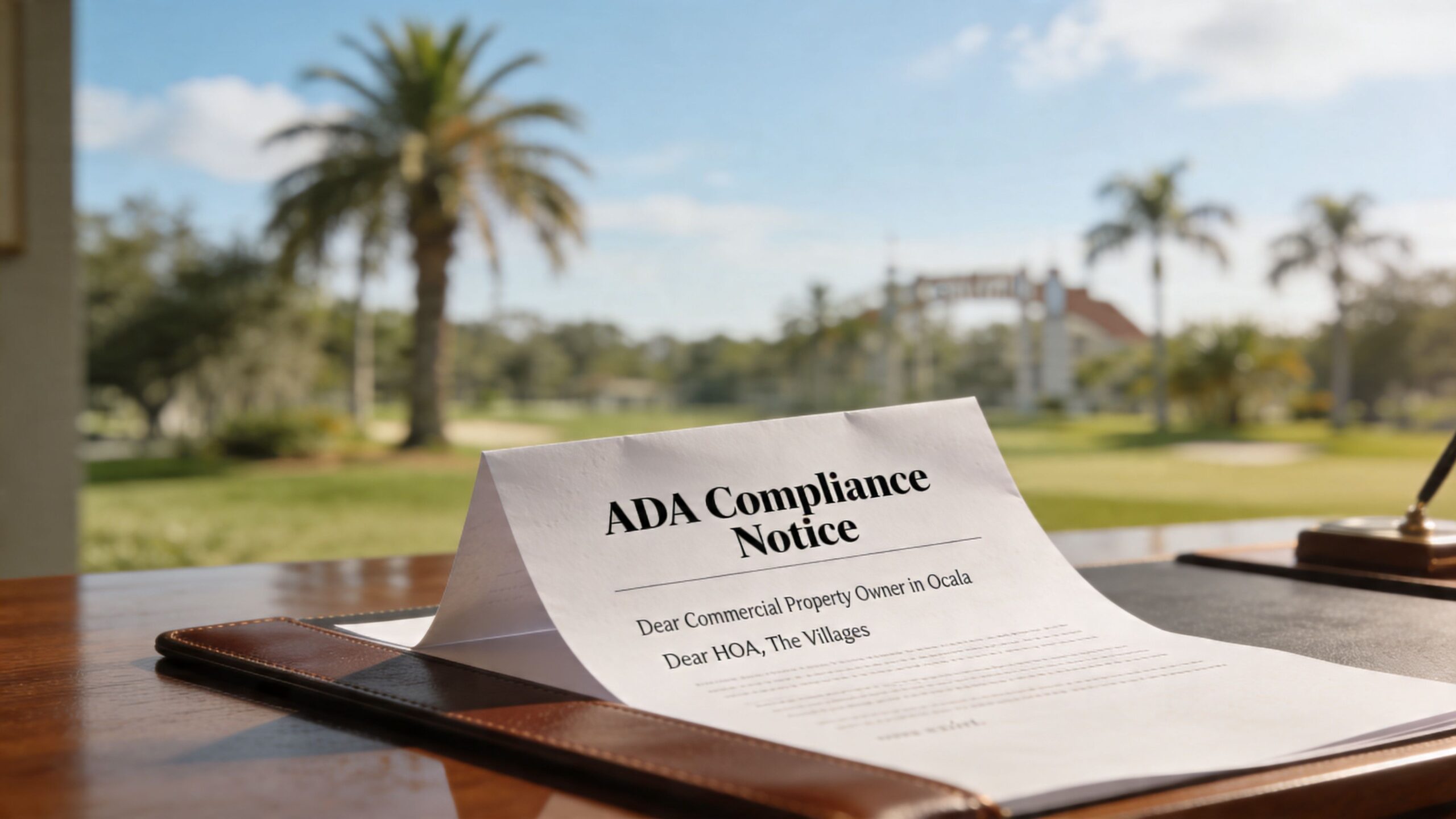 A printed ADA compliance notice letter sitting on a leather desk pad with a golf course background.