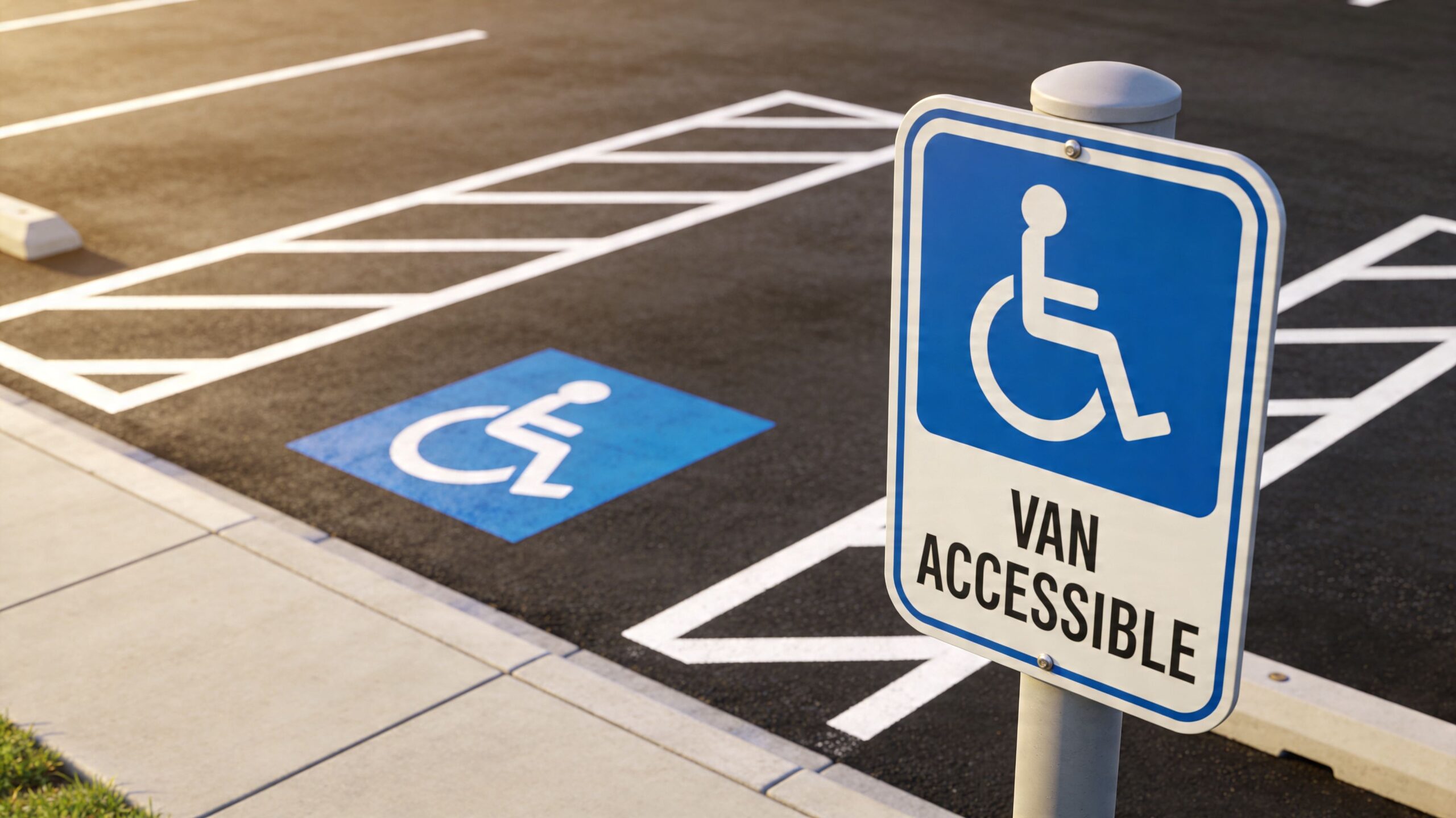 A close-up of a blue and white van accessible handicap parking sign in an asphalt parking lot.