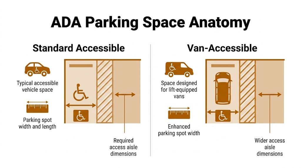 A diagram comparing the layout and dimension requirements for standard accessible and van-accessible ADA parking spaces.