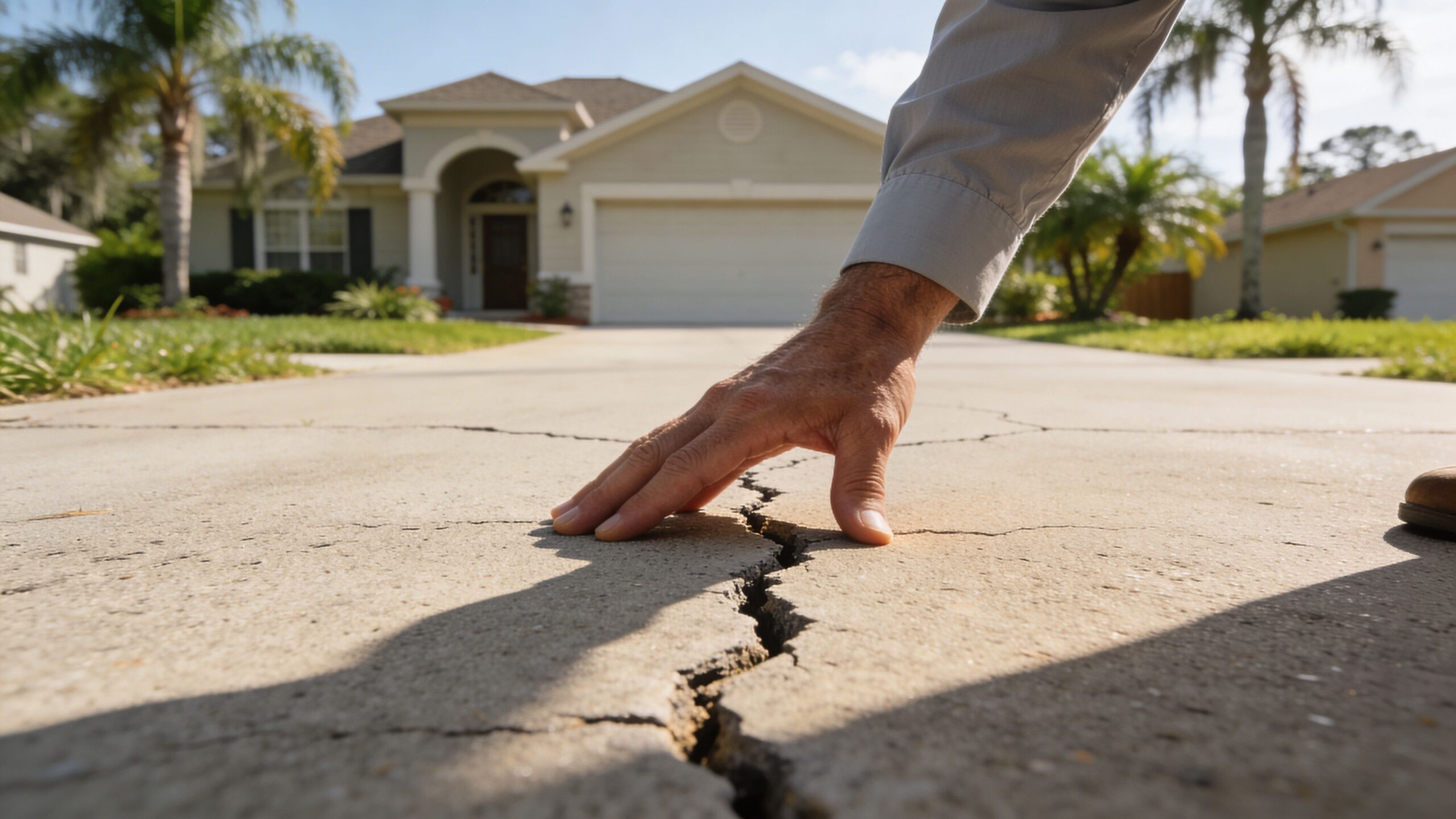 A close-up view of a person's hand touching a large crack on a damaged asphalt driveway pavement.