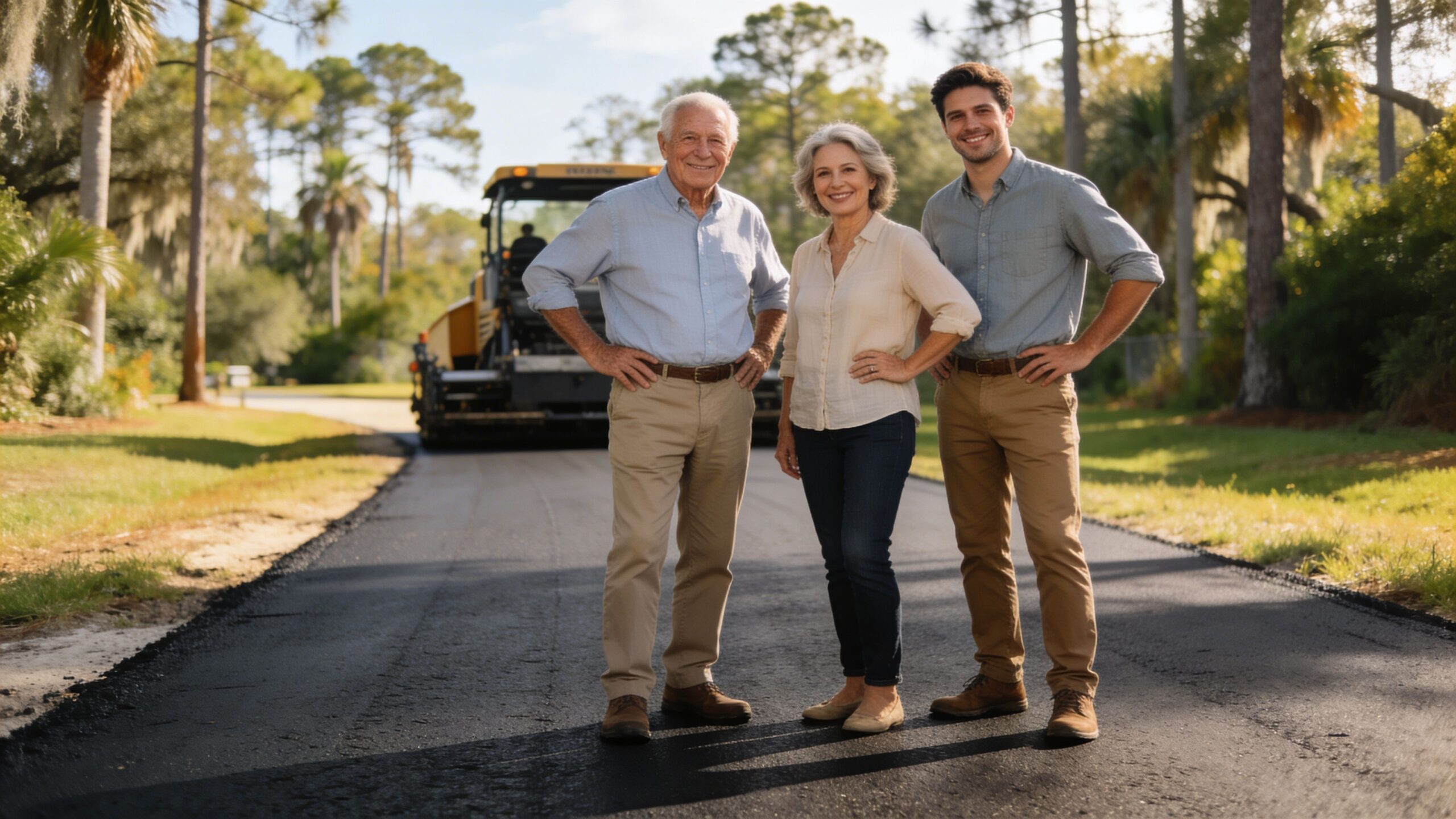 Three people stand proudly on a newly paved road with road construction equipment visible in the background.
