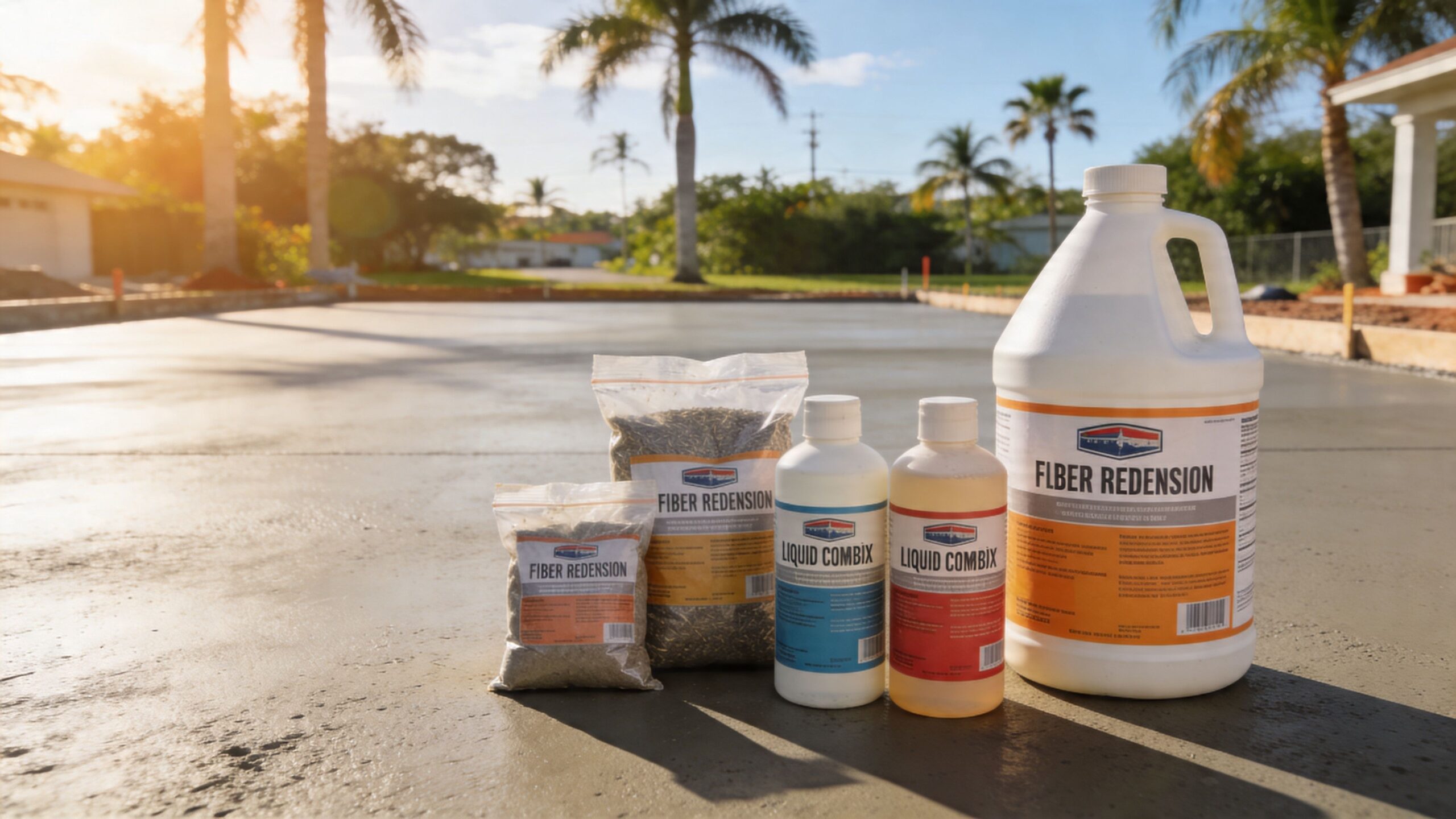 A collection of Fiber Redension and Liquid Combix concrete additives placed on a newly poured concrete driveway.