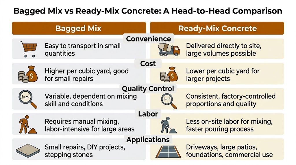 A comparison chart highlighting the differences between bagged mix and ready-mix concrete for various construction projects.