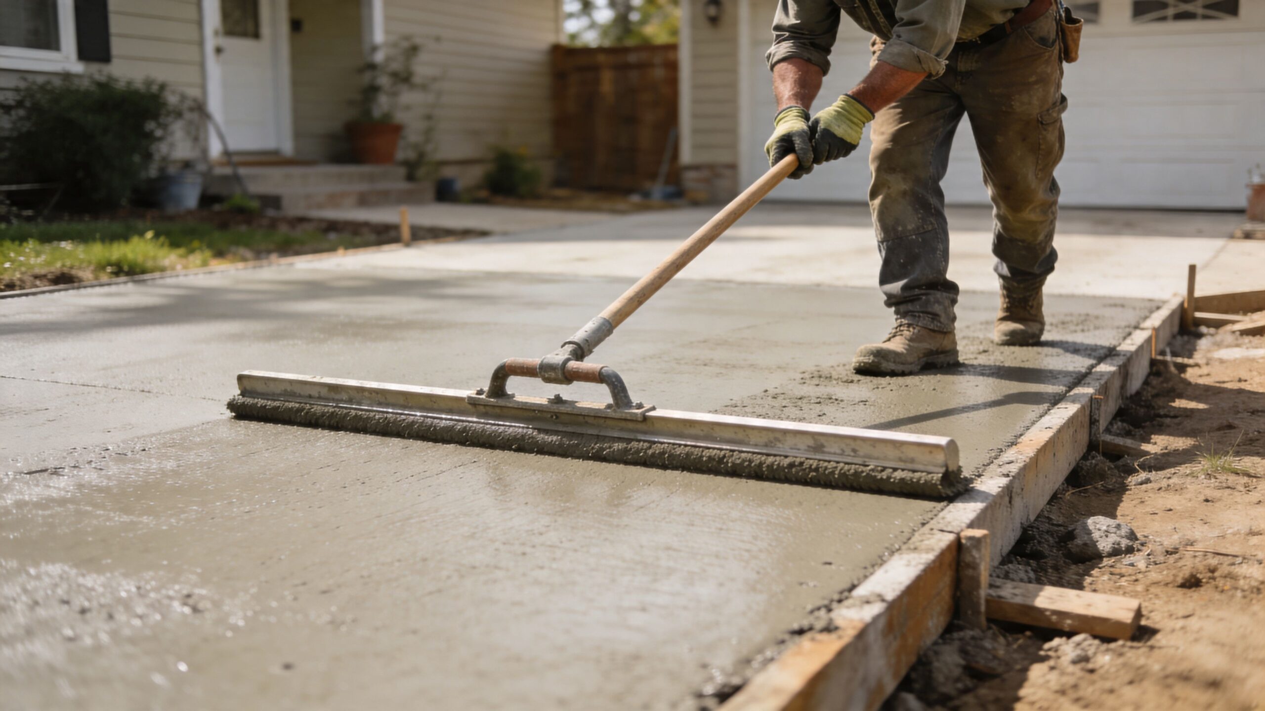 A construction worker uses a long-handled tool to smooth out fresh wet concrete on a new driveway.