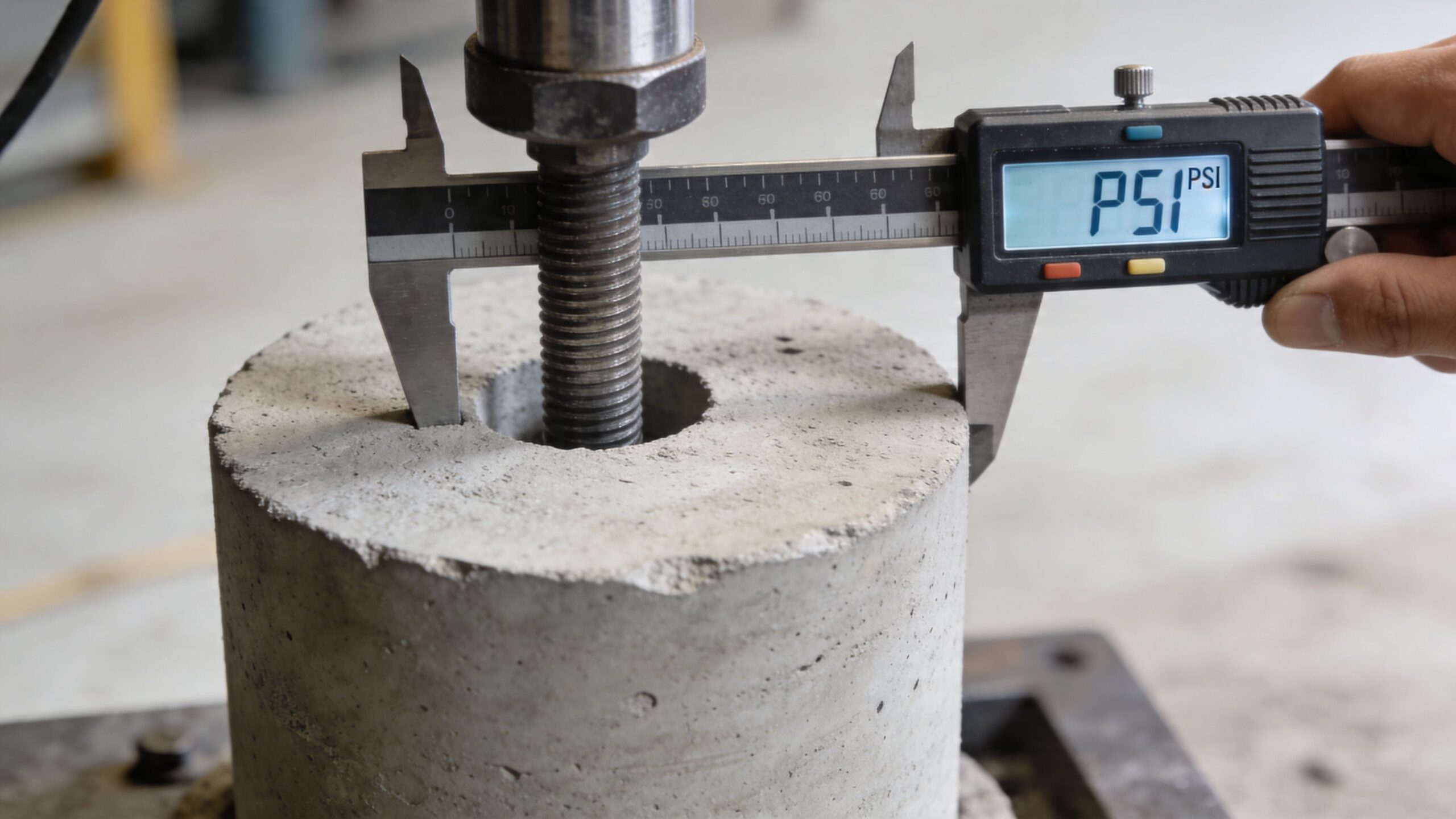 A technician uses a digital caliper to measure the diameter of a metal bolt in concrete.