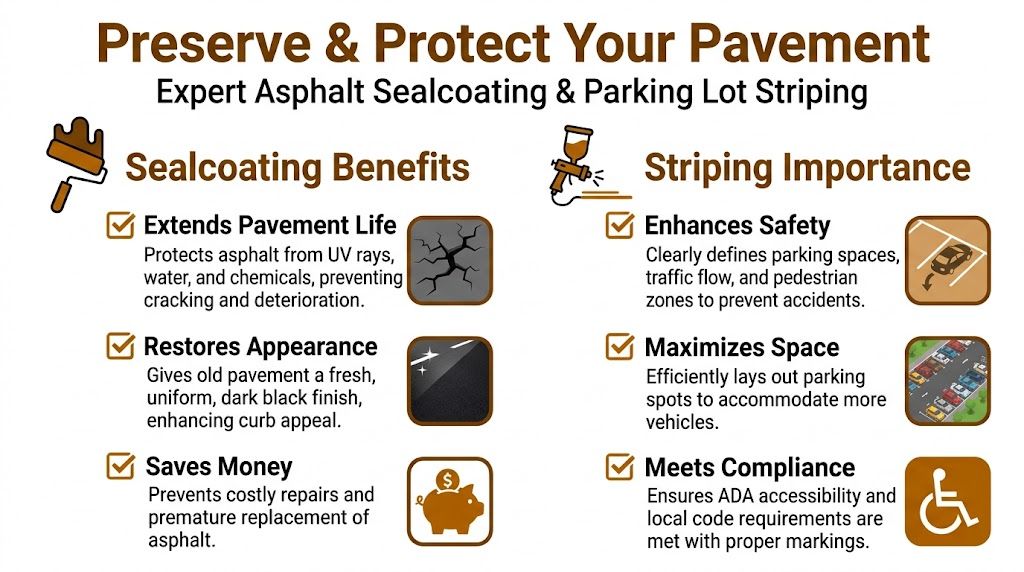 An infographic detailing the benefits of commercial asphalt sealcoating and professional parking lot striping services.