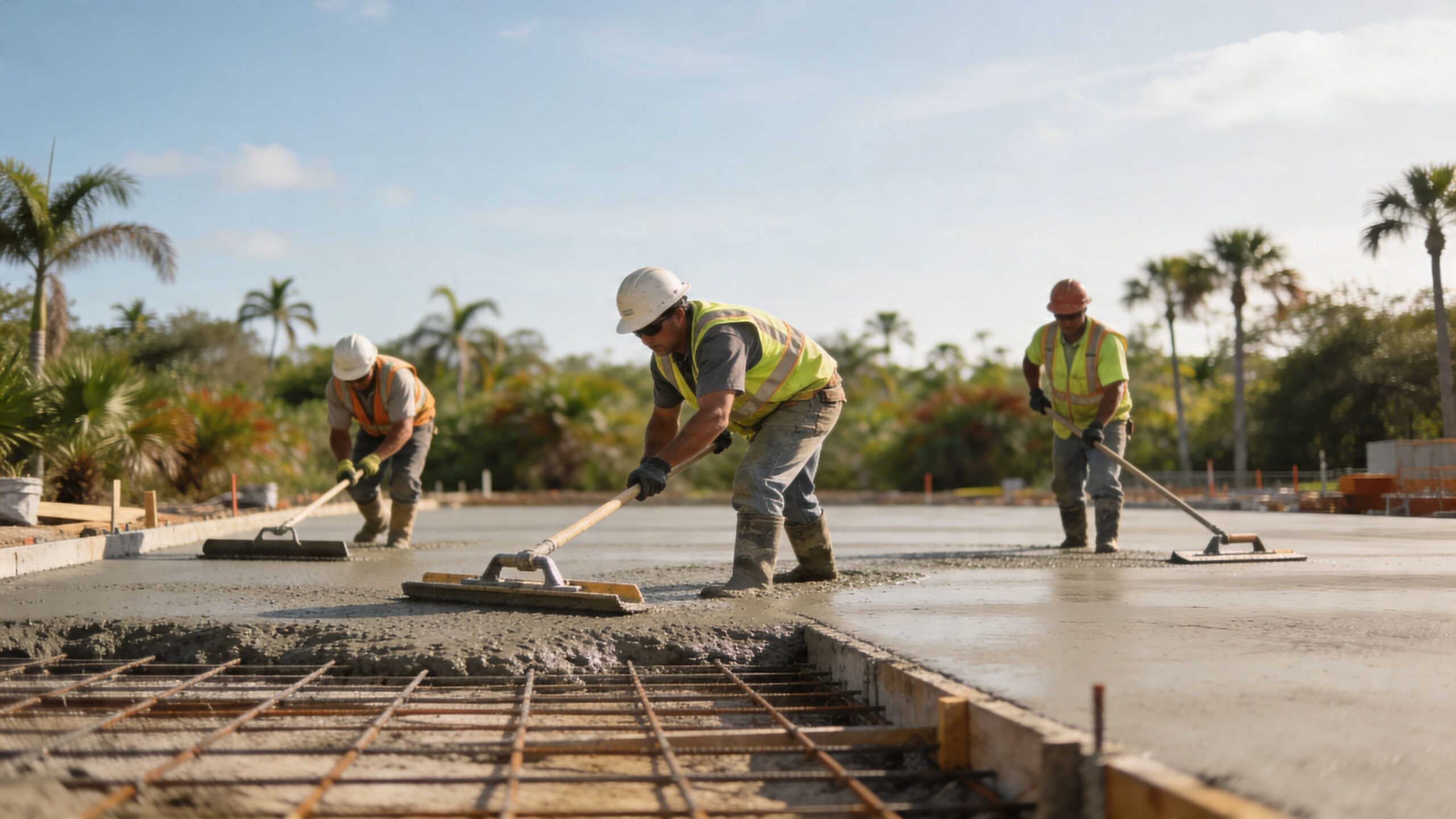 Construction workers use manual tools to smooth wet concrete while pouring a large commercial parking lot surface.