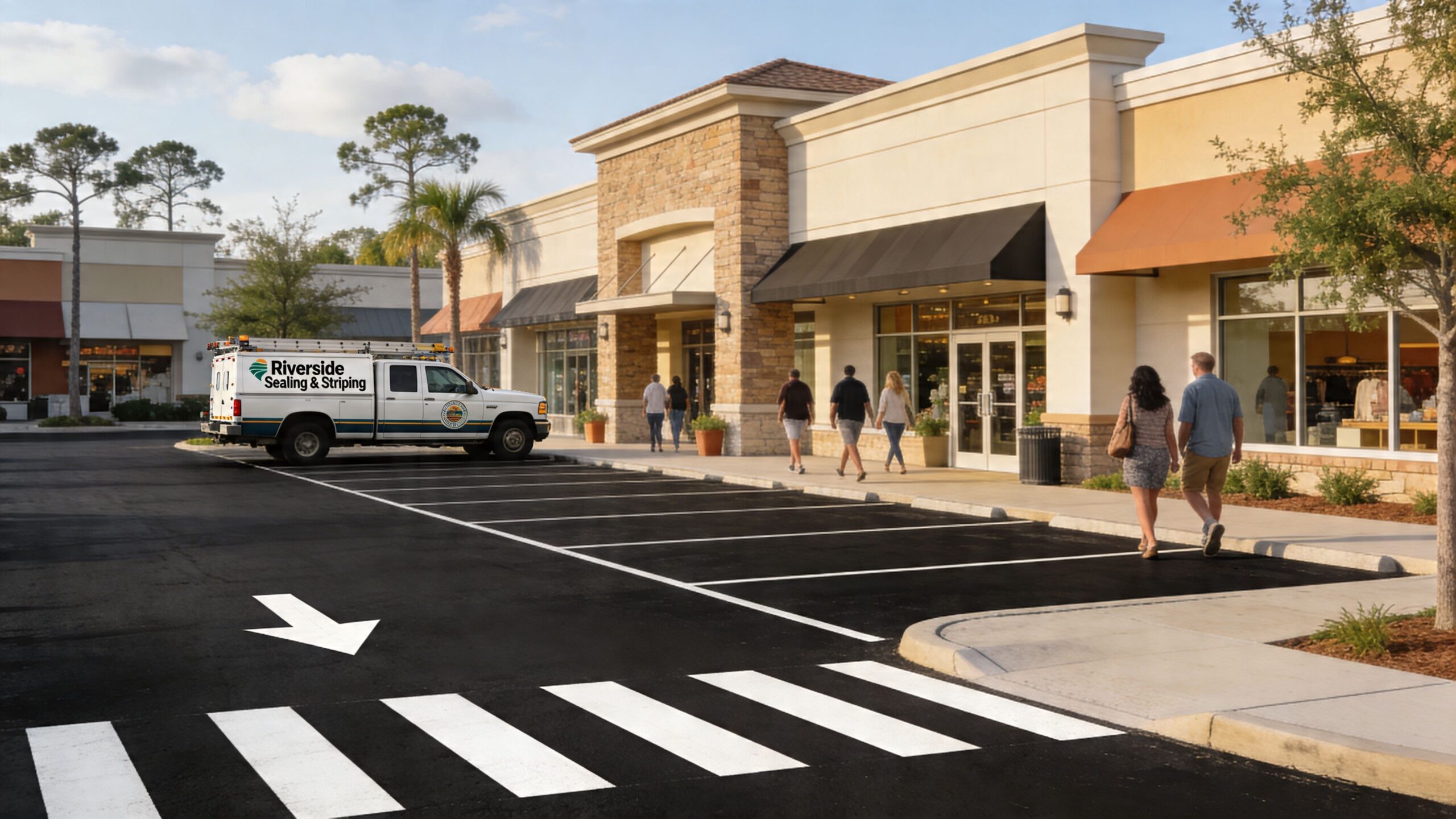 A professional service vehicle parked in a freshly paved commercial parking lot with clear white striping.