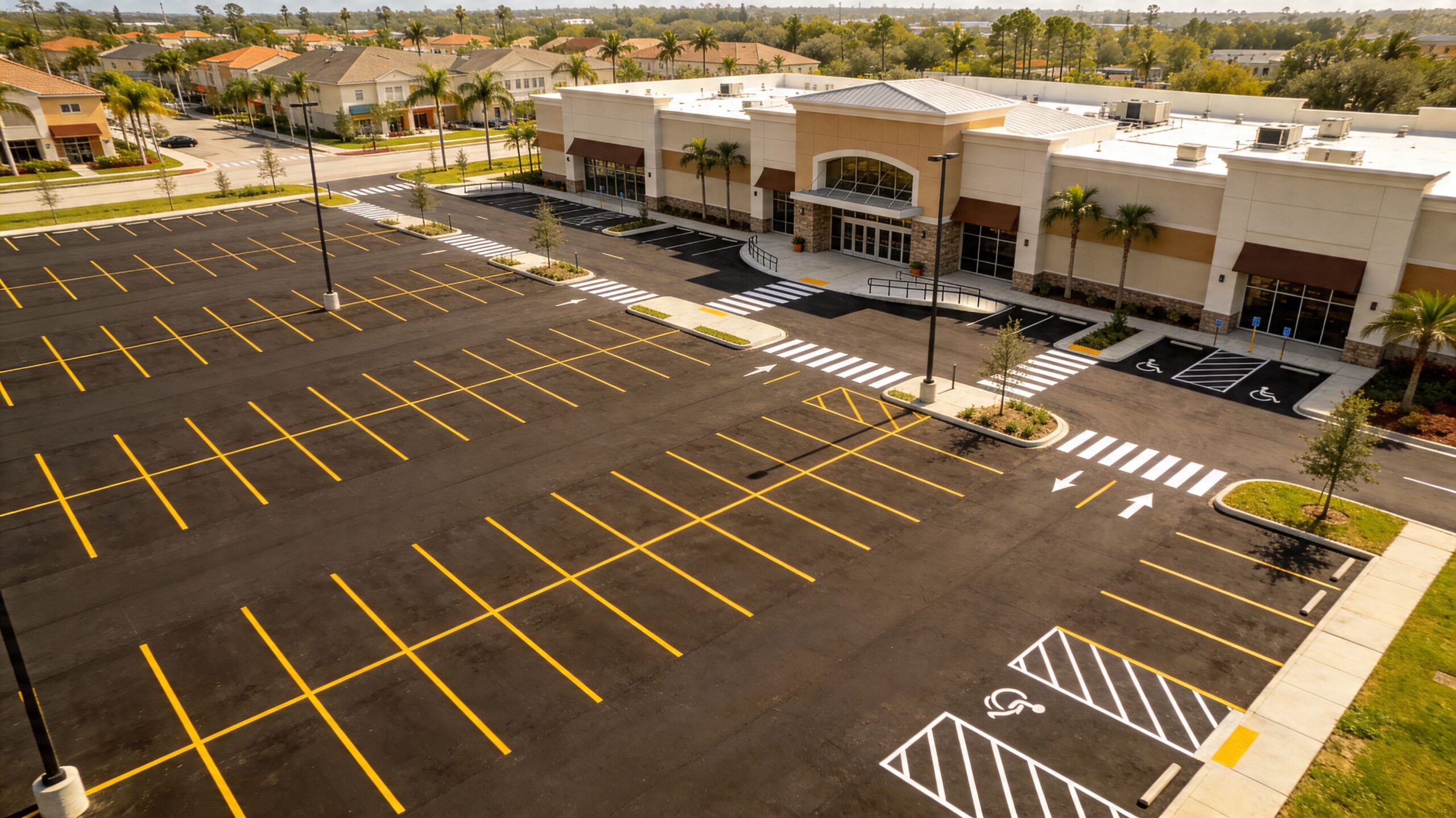 A high-angle view of a large commercial retail parking lot with freshly painted yellow lines and crosswalks.