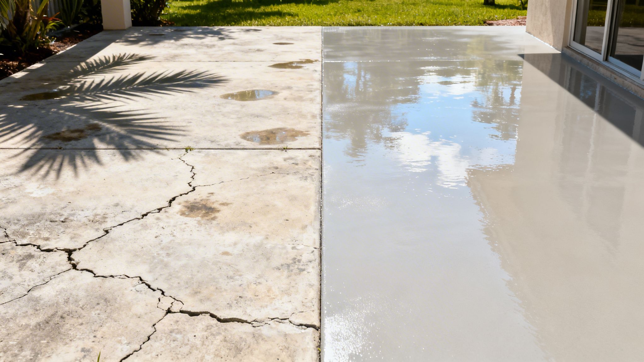Half of a concrete patio is old and cracked, the other half is newly resurfaced and smooth.