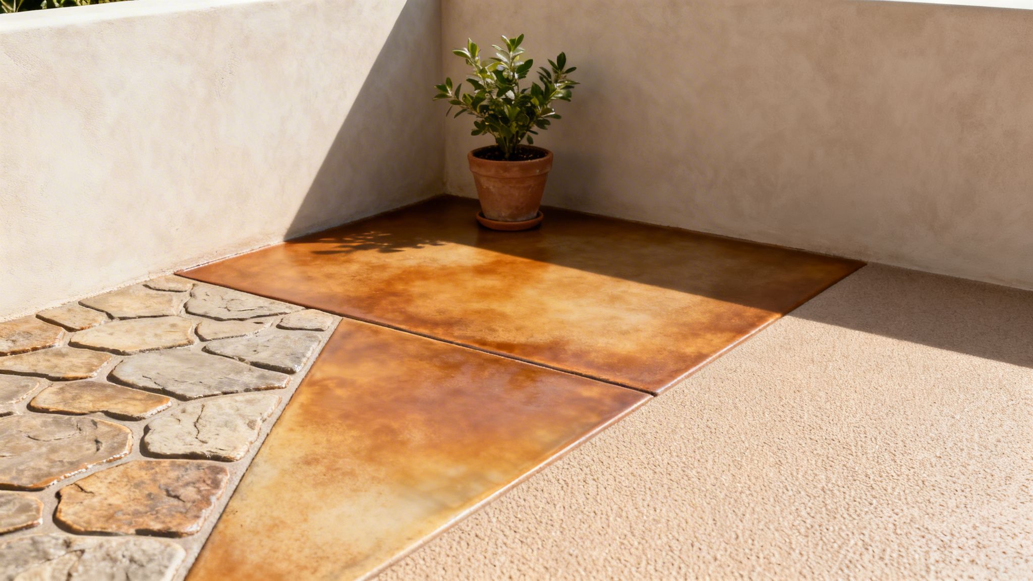 A multi-textured patio featuring flagstone, stained concrete, and aggregate flooring with a potted plant.