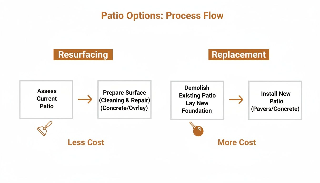 A process flow diagram illustrating patio options: resurfacing (less cost) and replacement (more cost).