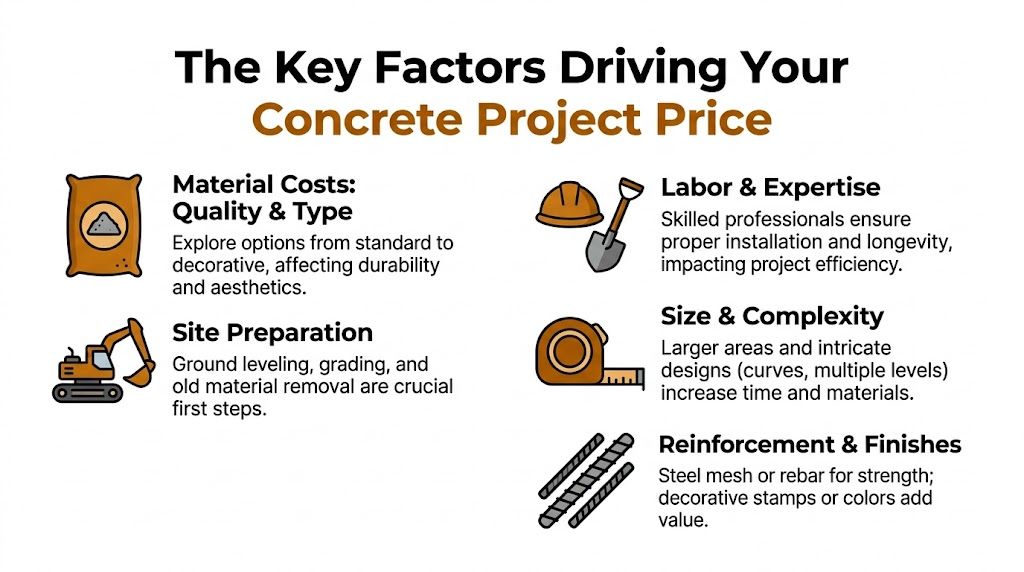 An infographic illustrating five key factors that influence the total cost of concrete construction projects.