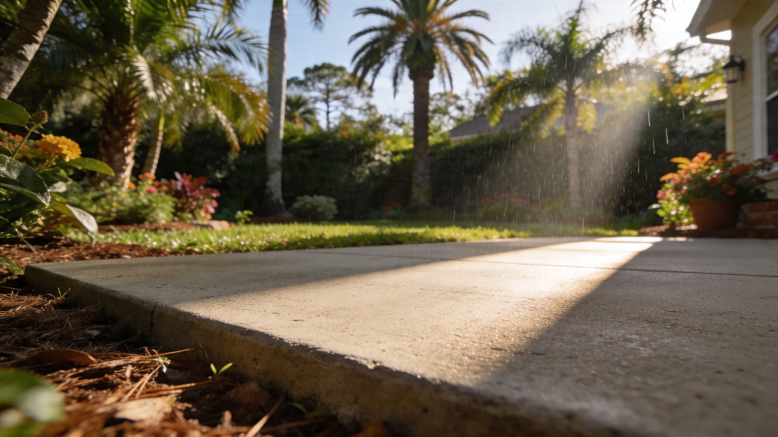 A concrete patio slab in a lush backyard garden during a gentle, sunlit rain shower in Florida.