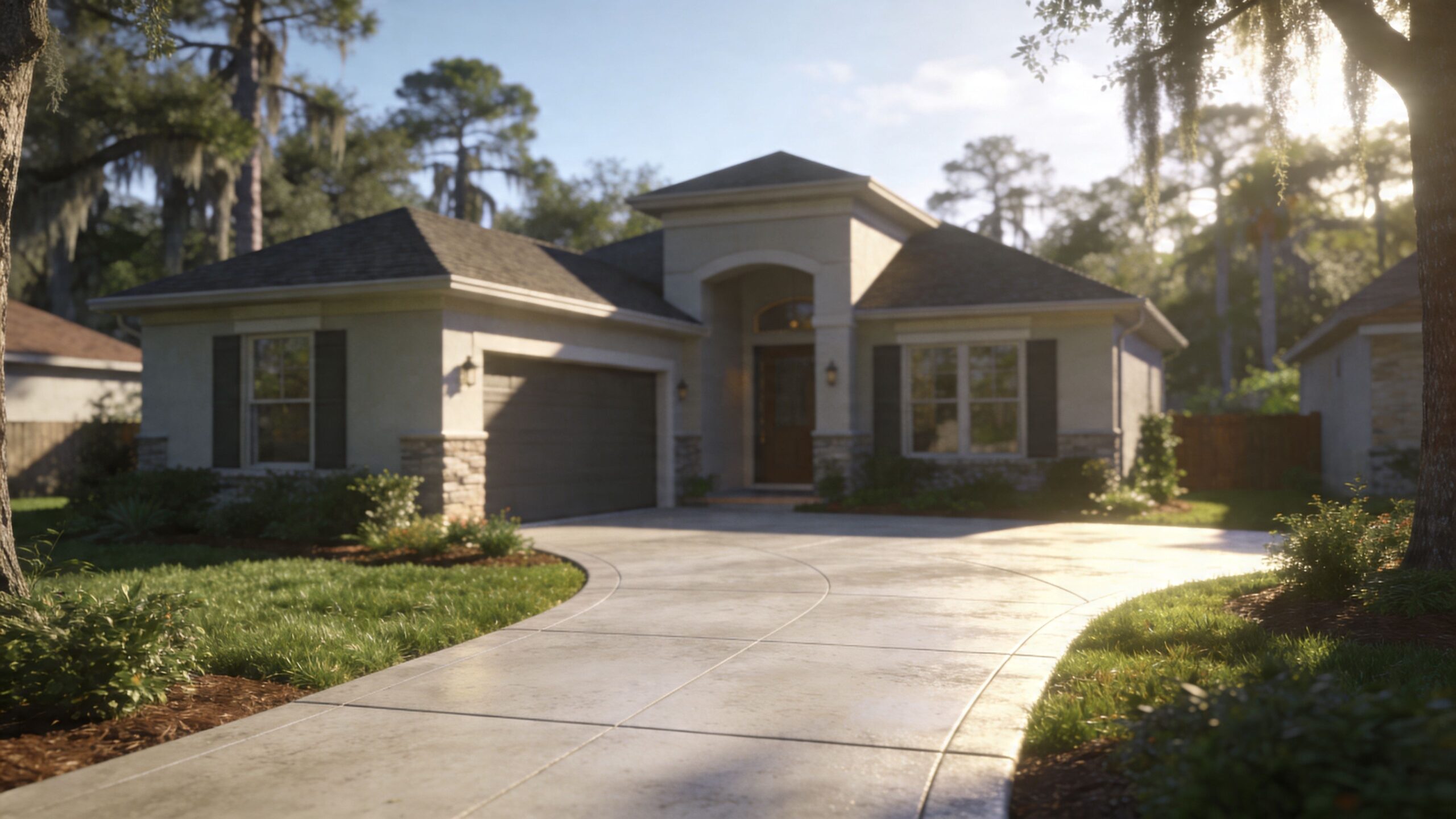 A modern single-story residential home with a concrete driveway and lush landscaping in a suburban neighborhood.