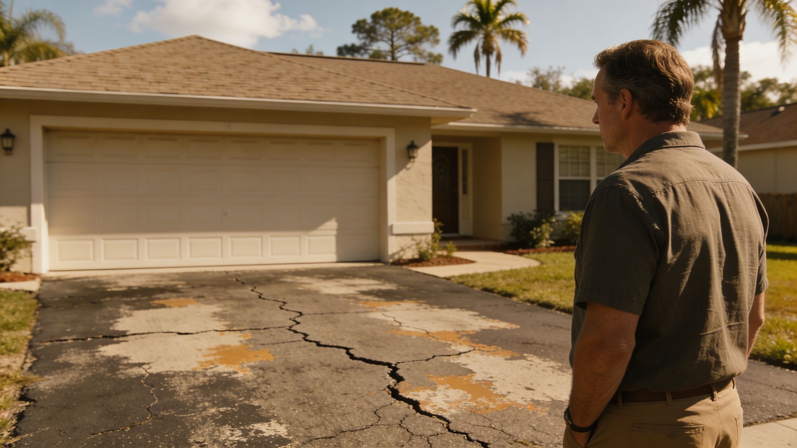 A man observing a cracked asphalt driveway in front of a suburban home in Florida.
