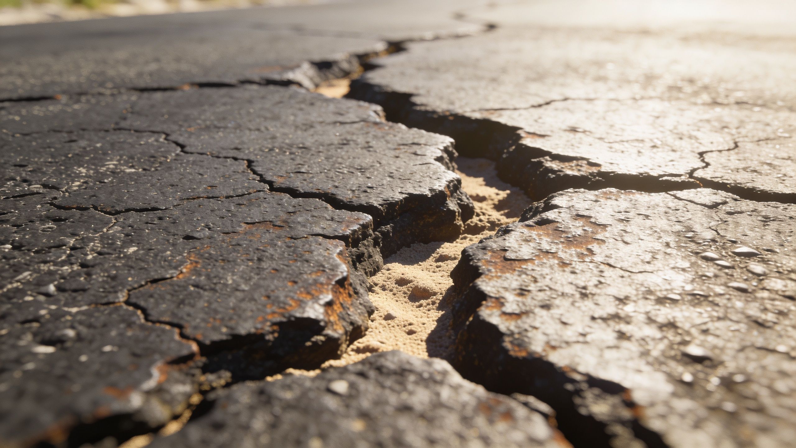 A close up view of cracked asphalt road surface with yellow sand filling the deep ground fissure.