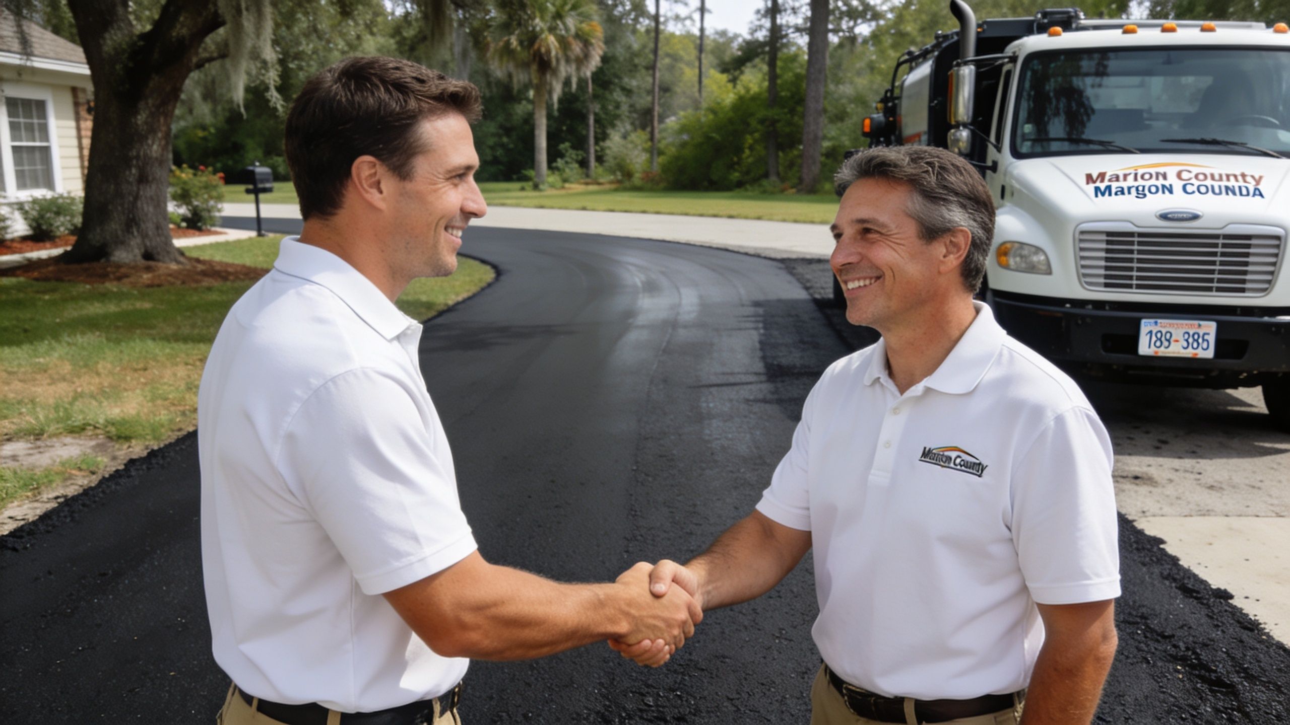 Two professional men in matching white polo shirts shaking hands on a newly paved Florida asphalt road.