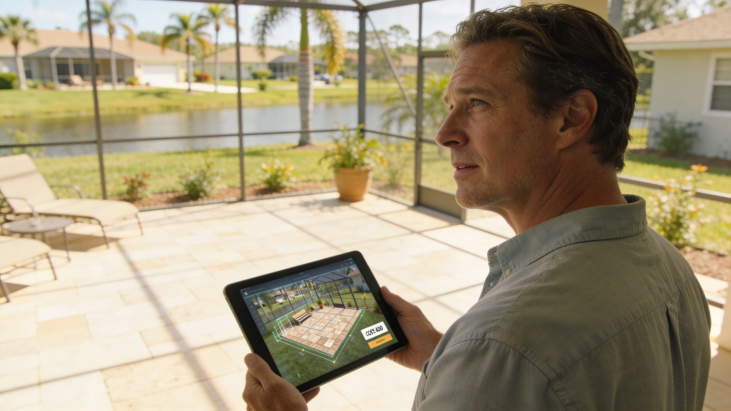 A man holds a digital tablet displaying a virtual design overlay of a patio project on his screen.