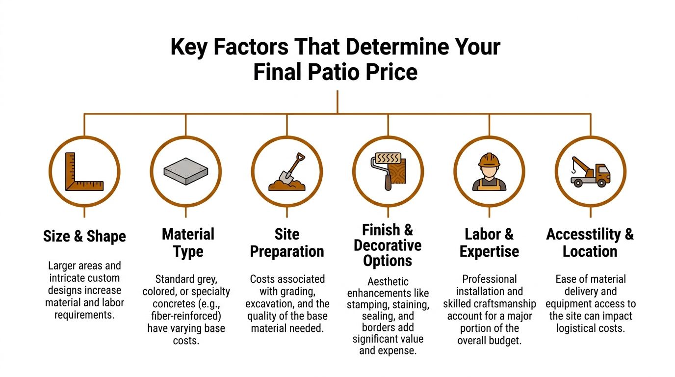 An infographic showing six key factors that influence the final cost of a professional patio construction project.