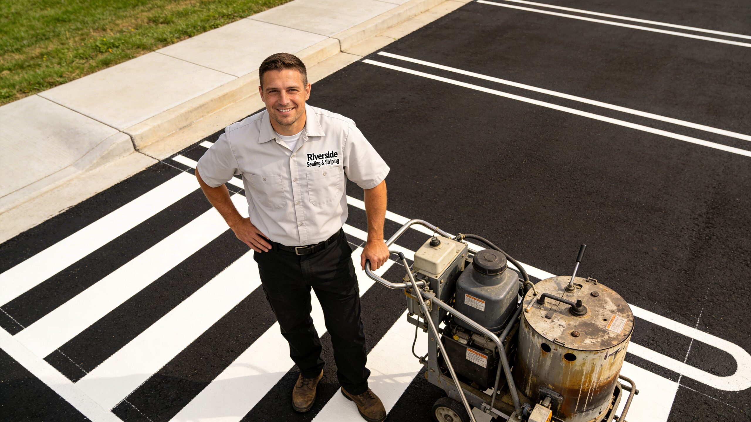 A smiling man in a Riverside Sealing & Striping uniform stands in a parking lot with a machine.