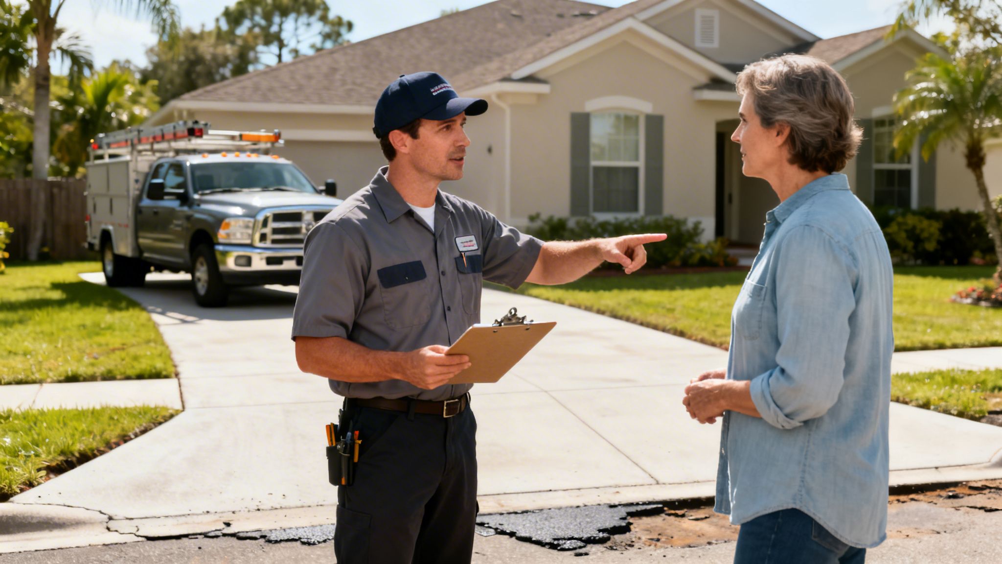 A service technician discusses uneven concrete slab repair with a homeowner in front of a house.