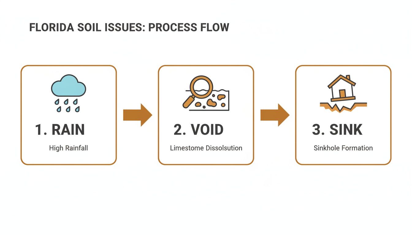 Process flow diagram illustrating Florida soil issues: rain causes limestone dissolution, leading to sinkhole formation.