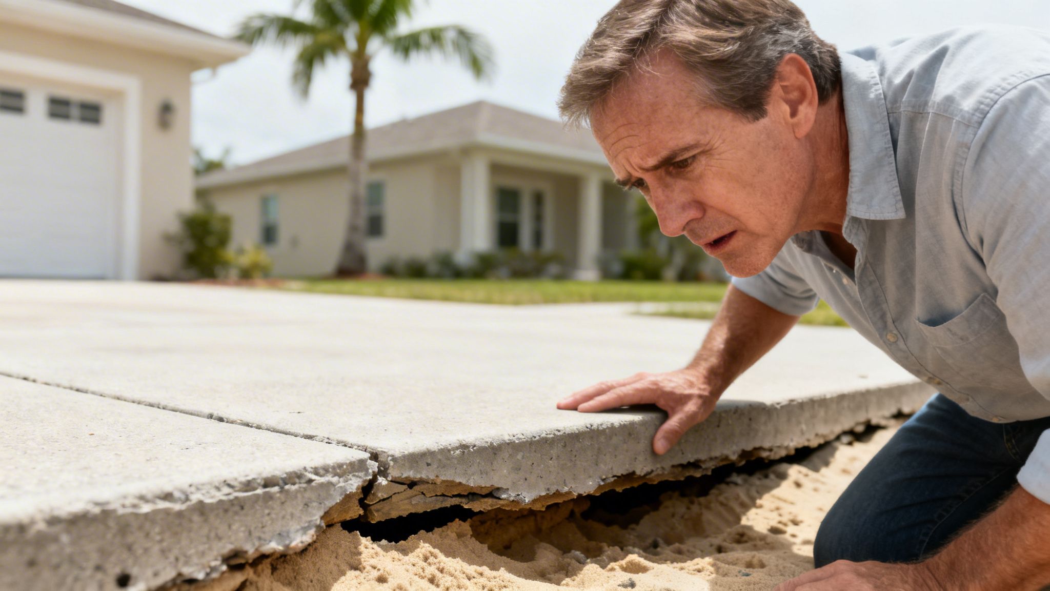 A concerned man examines a significantly raised and cracked concrete driveway slab with a large void.